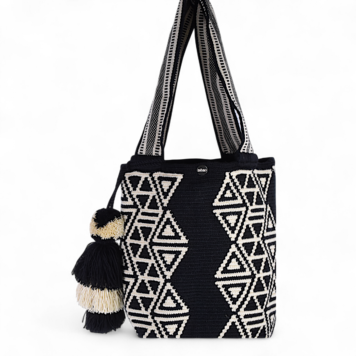 Black & White Crochet Bag with Lining and Internal Pocket and Tassels