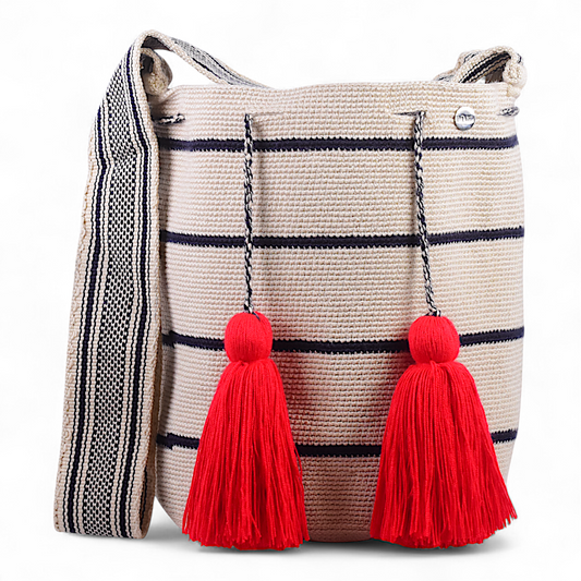 Bohemia Bucket Bag with Beige & Navy Blue Stripe Design