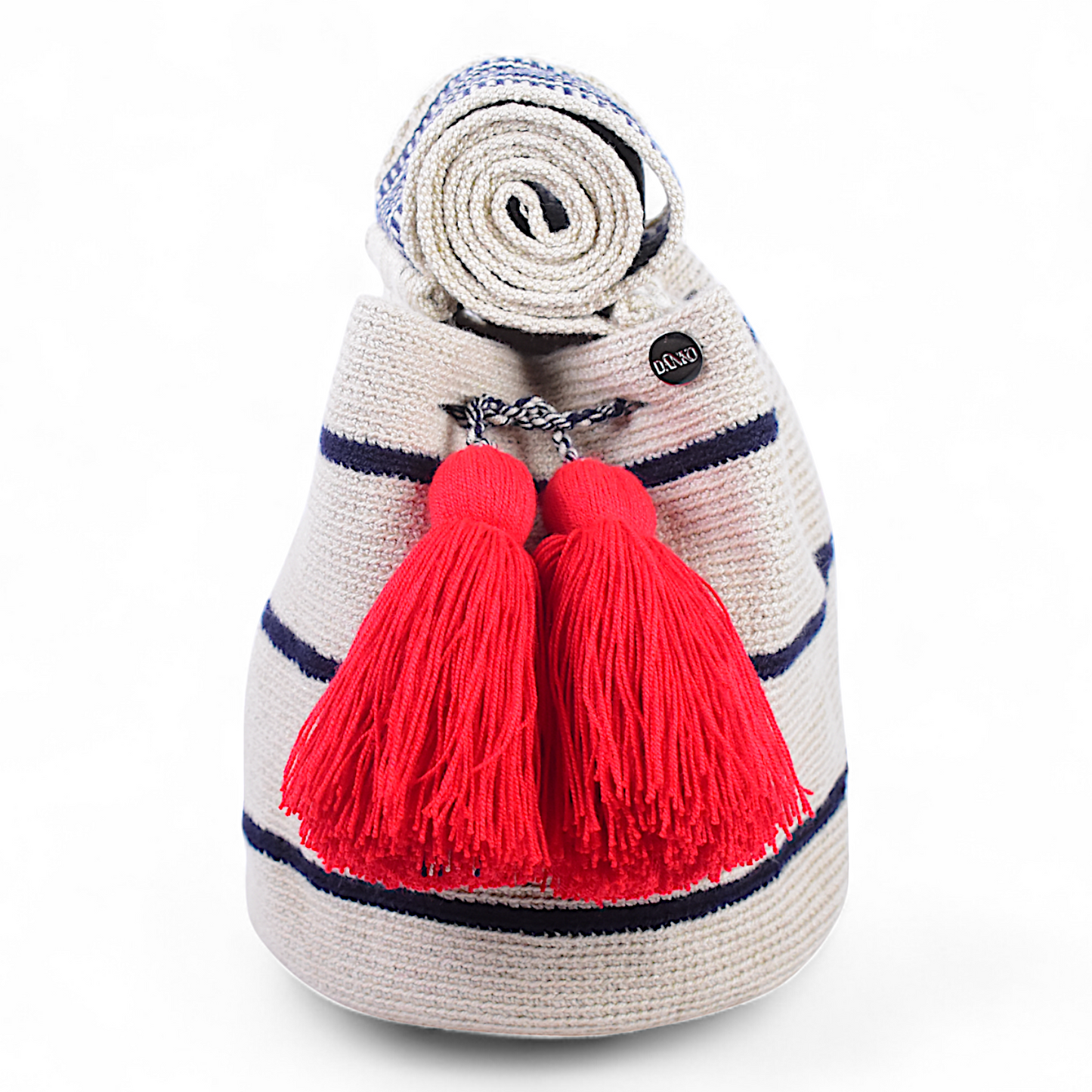 Bohemian Bag with Navy Blue Horizontal Stripe Design and Red Tassels 20x20cm