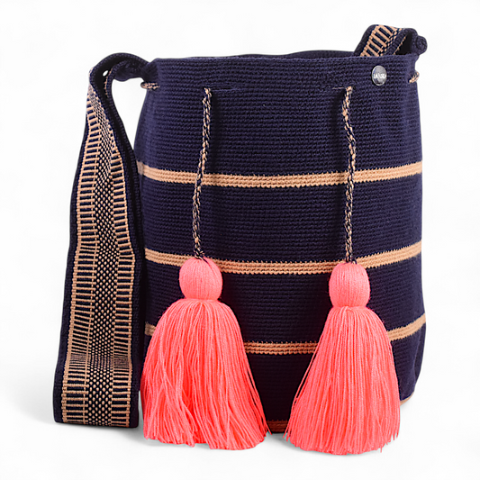 Bohemian Shoulder Bag with Blue Color & Beige Stripe Design