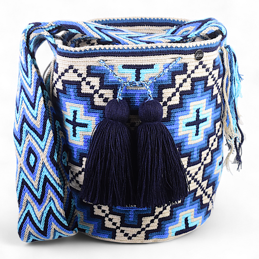 Boho Bucket Hand Bag with Blue Geometric Design