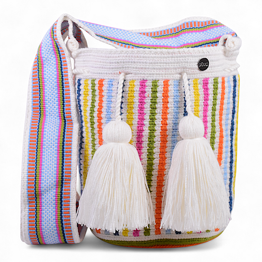 Boho Crochet Bucket Bag with Multicolour Stripe Design and White Tassels