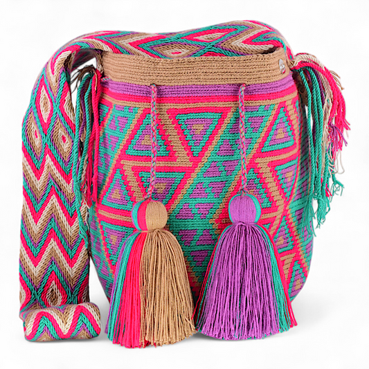 Boho Handmade Bucket Bag with Purple, Green & Pink Geometric Design with Tassels