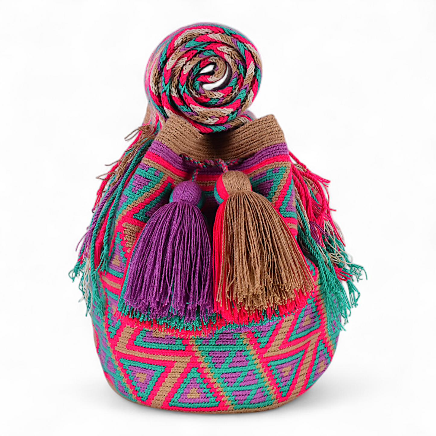 Boho Shoulder Bag with Purple, Green & Pink Geometric Design with Tassels