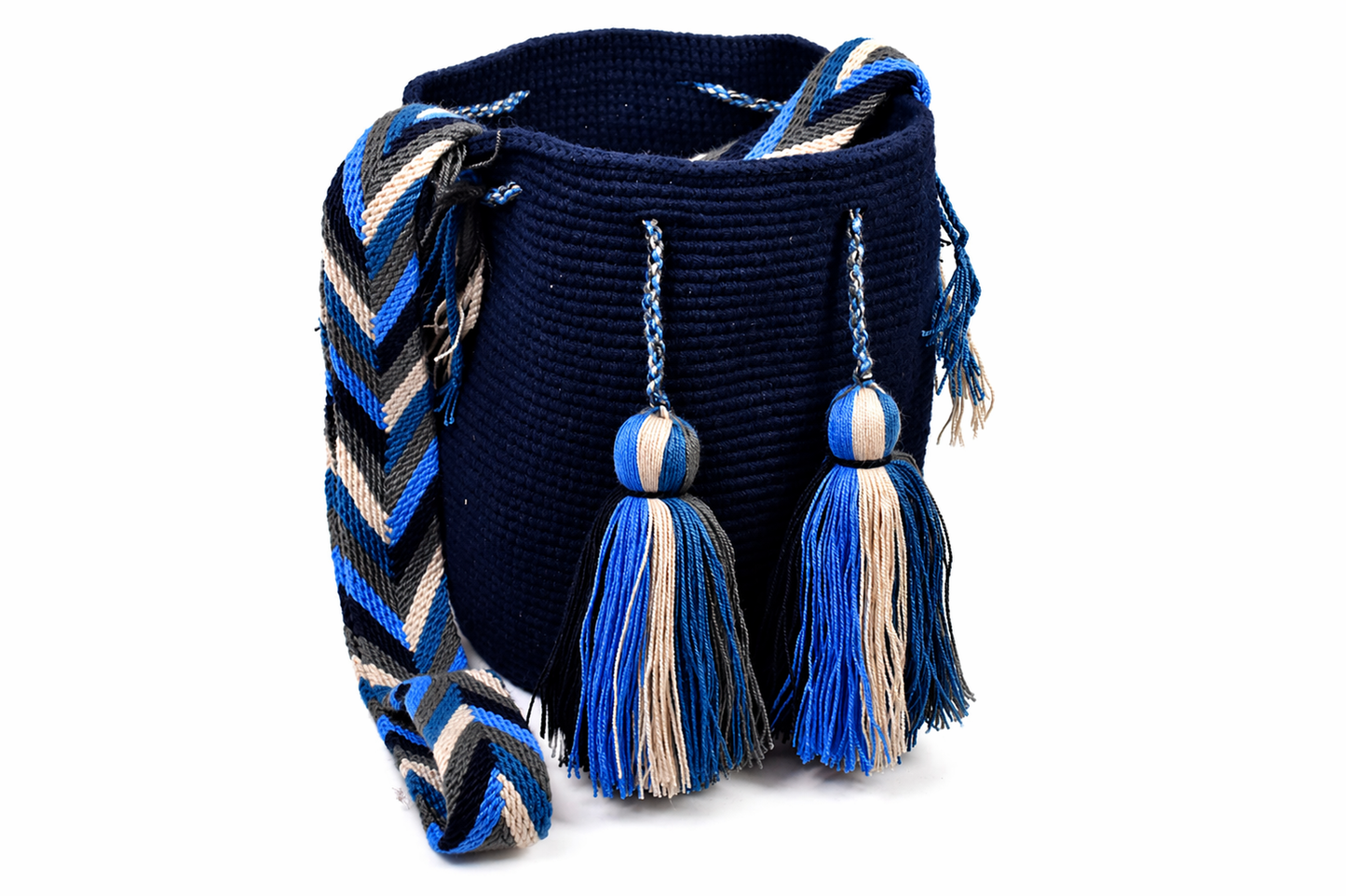 Navy Crochet Wayuu Mochila Bag with Tassel Detail