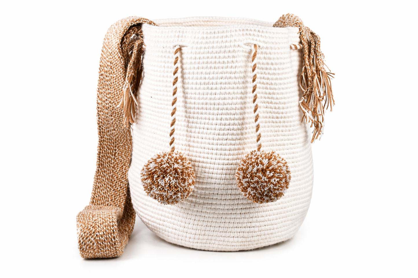 Beige Handmade Wayuu Mochila Shoulder Bag with Cream Pom Poms