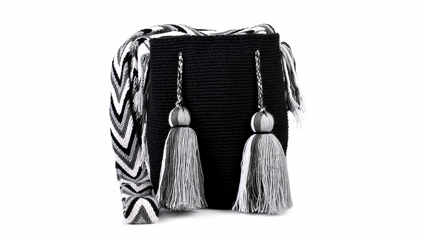 Handmade Colombian Wayuu Mochila Bag in Black and Grey