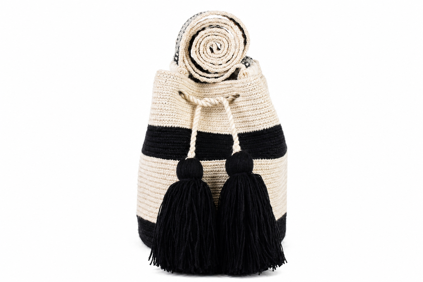 Black and Cream Handmade Wayuu Bucket Bag with Tassels