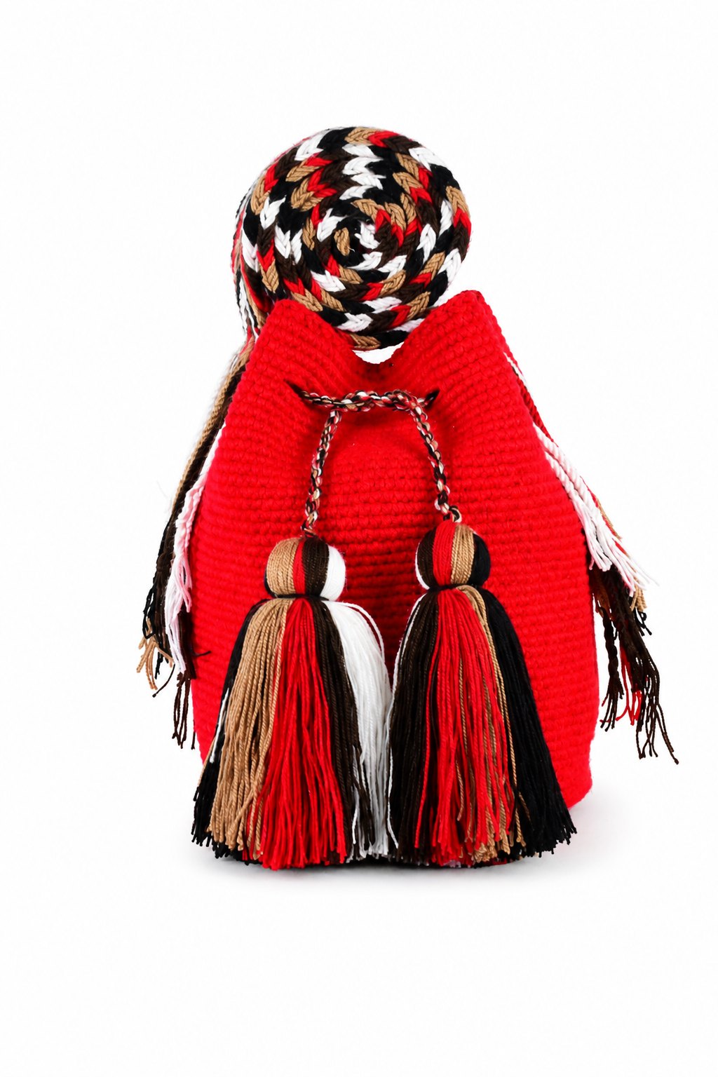 Red Handmade Wayuu Mochila Bag with Multicolour Strap and Tassels