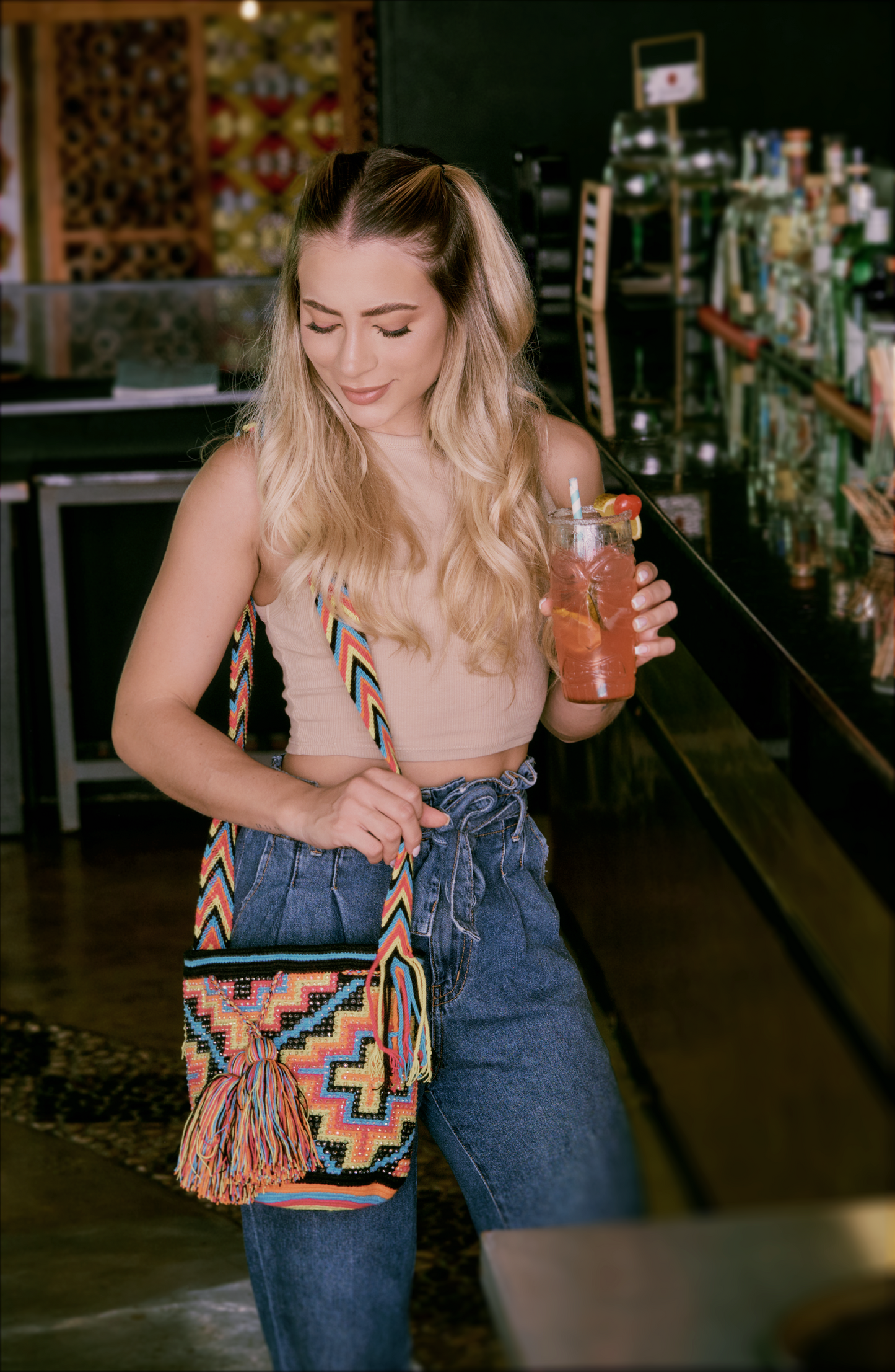 Crochet Bag with Coral & Navy Geometric Design