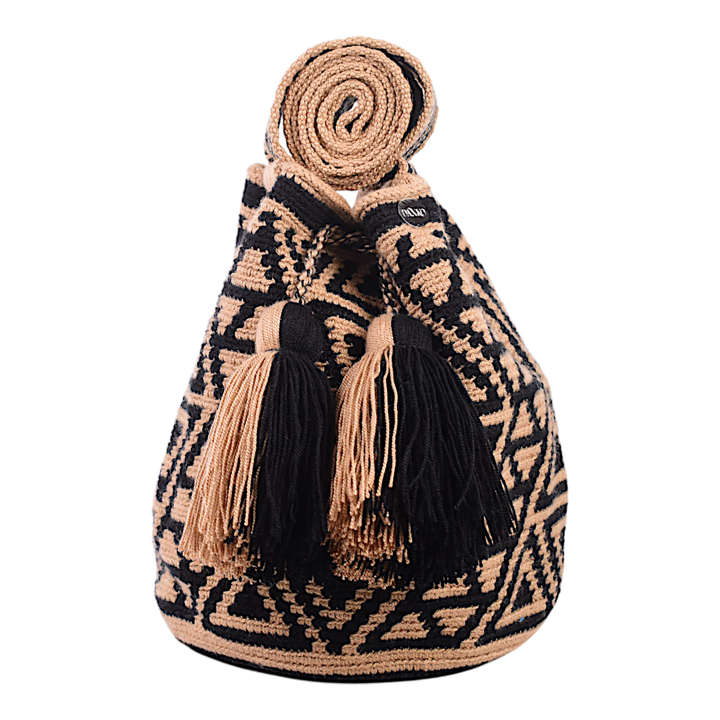 Crochet Bag with Black and Gold Geometric Design and Tassels 20x20cm