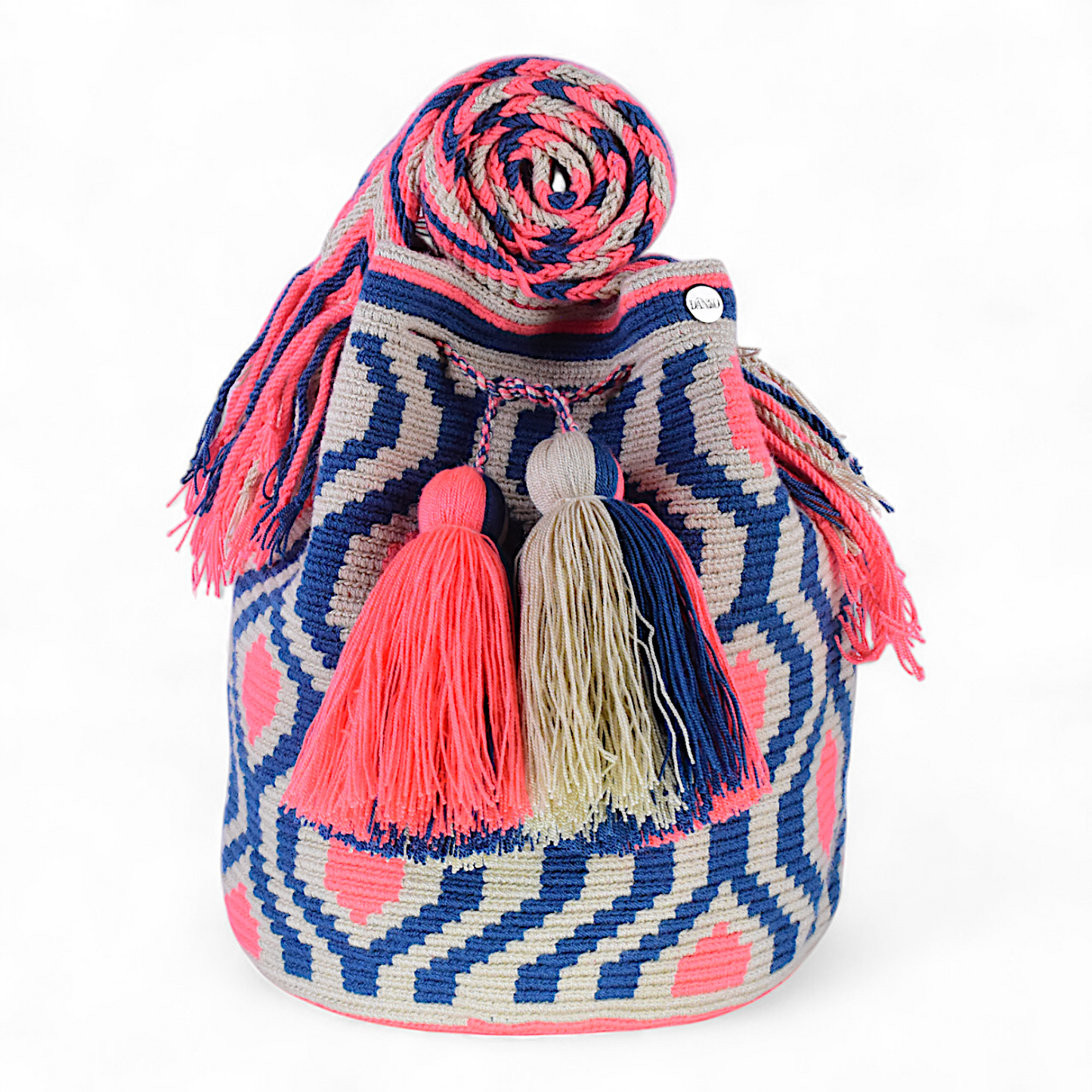 Crochet Hand Bag with Coral & Navy Geometric Design and Tassels 28x28cm