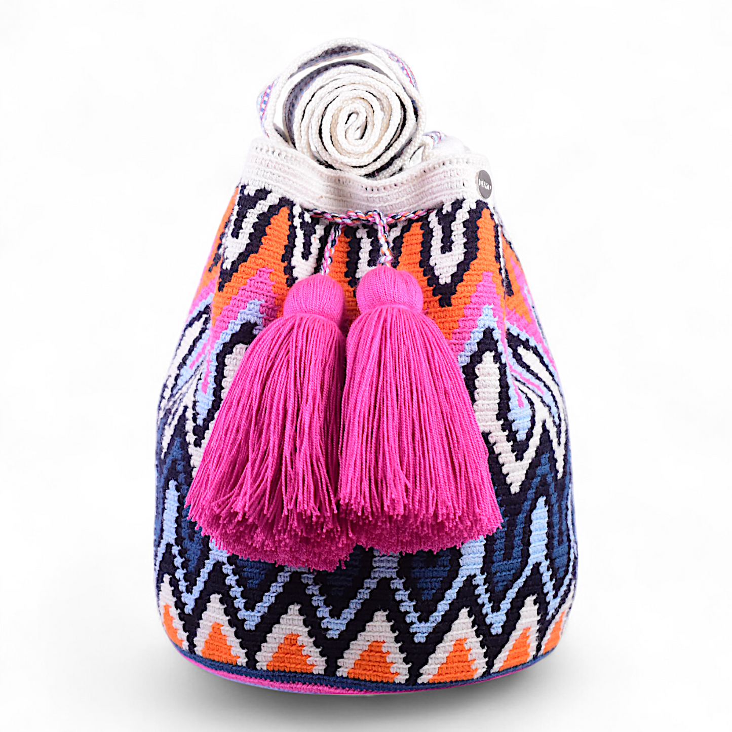 Crochet Shoulder Bag with Unique Colourful Design & Multicolor Strap and Pinkish Purple Tassels