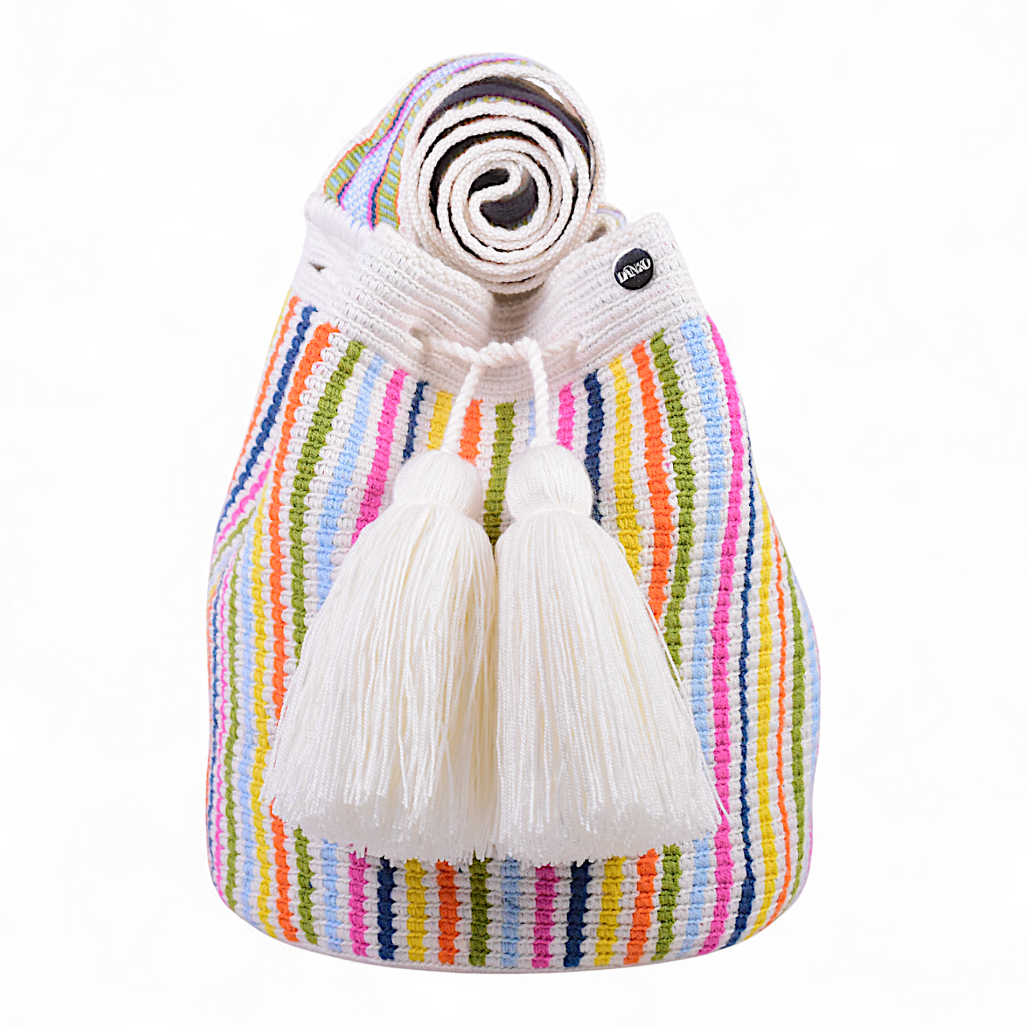 Crochet Shoulder Mochila Wayuu Bag with Rainbow Stripes Design and White Tassels 28x28cm