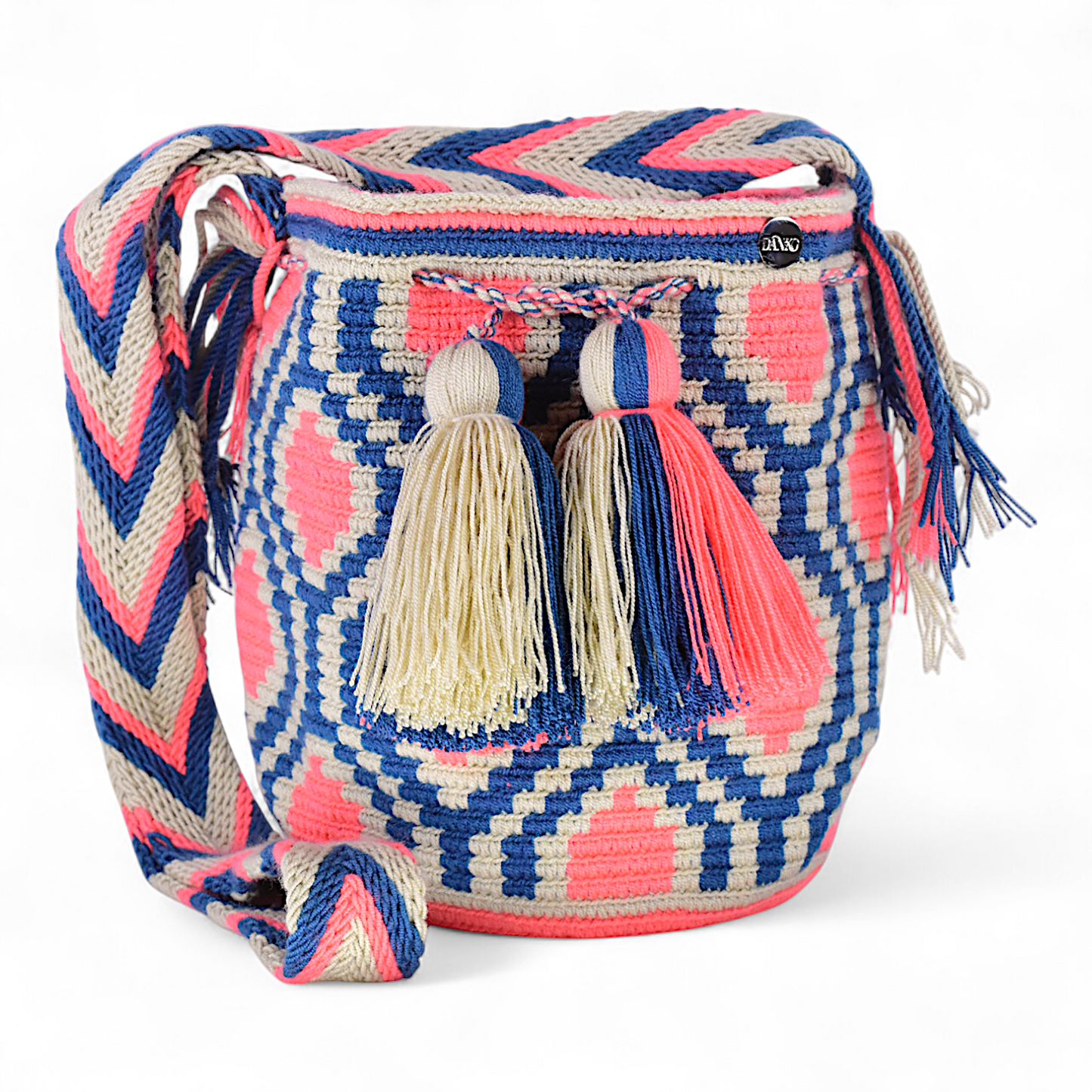 Crossbody Bag with Coral & Navy Geometric Design and Multicolour Tassels 20x20cm
