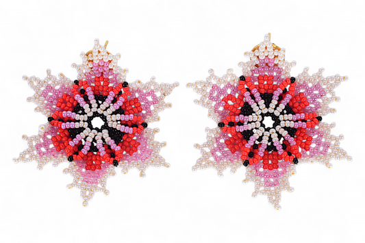 Red & Pearl Flower Beaded Earrings