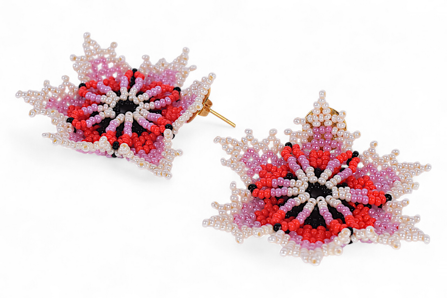 Red & Pearl Flower Beaded Earrings