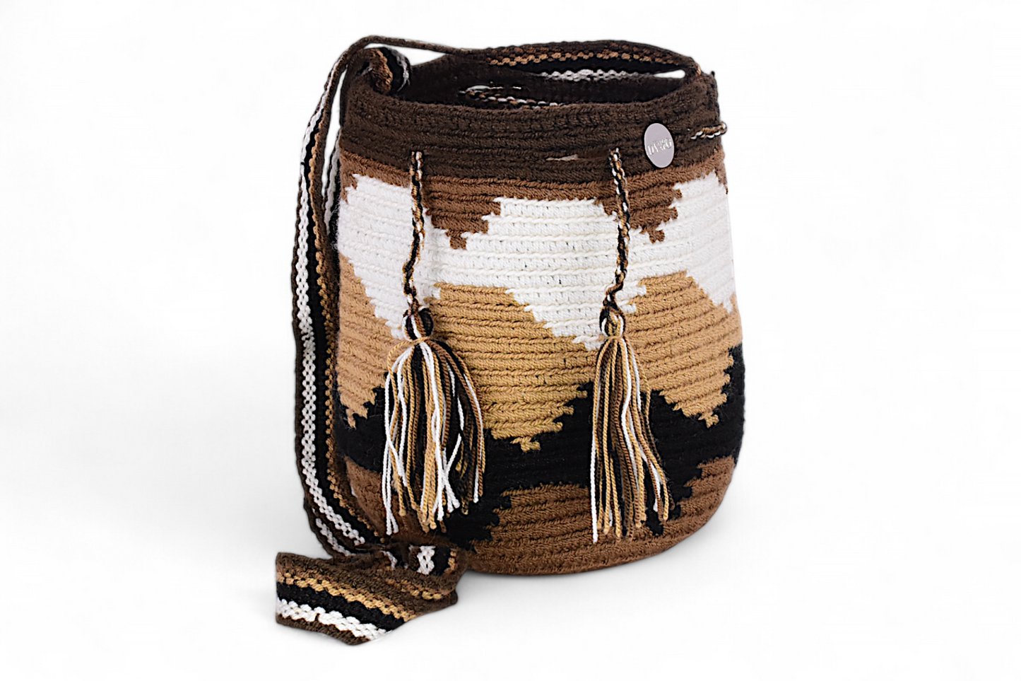 Small Boho Crochet Bucket Bag In Brown, Black & White
