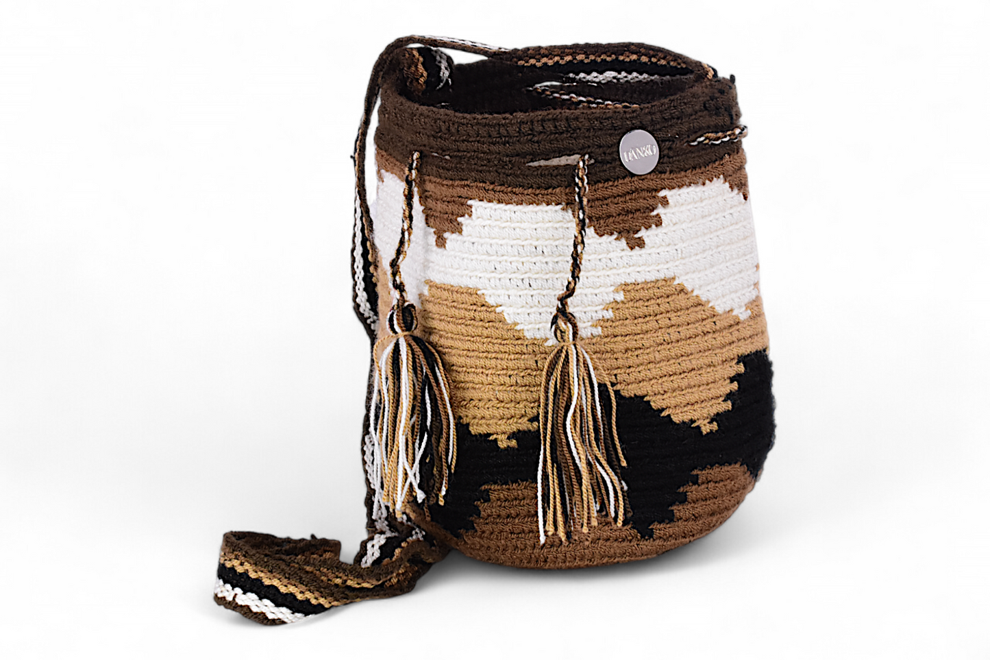 Small Boho Crochet Bucket Bag In Brown, Black & White