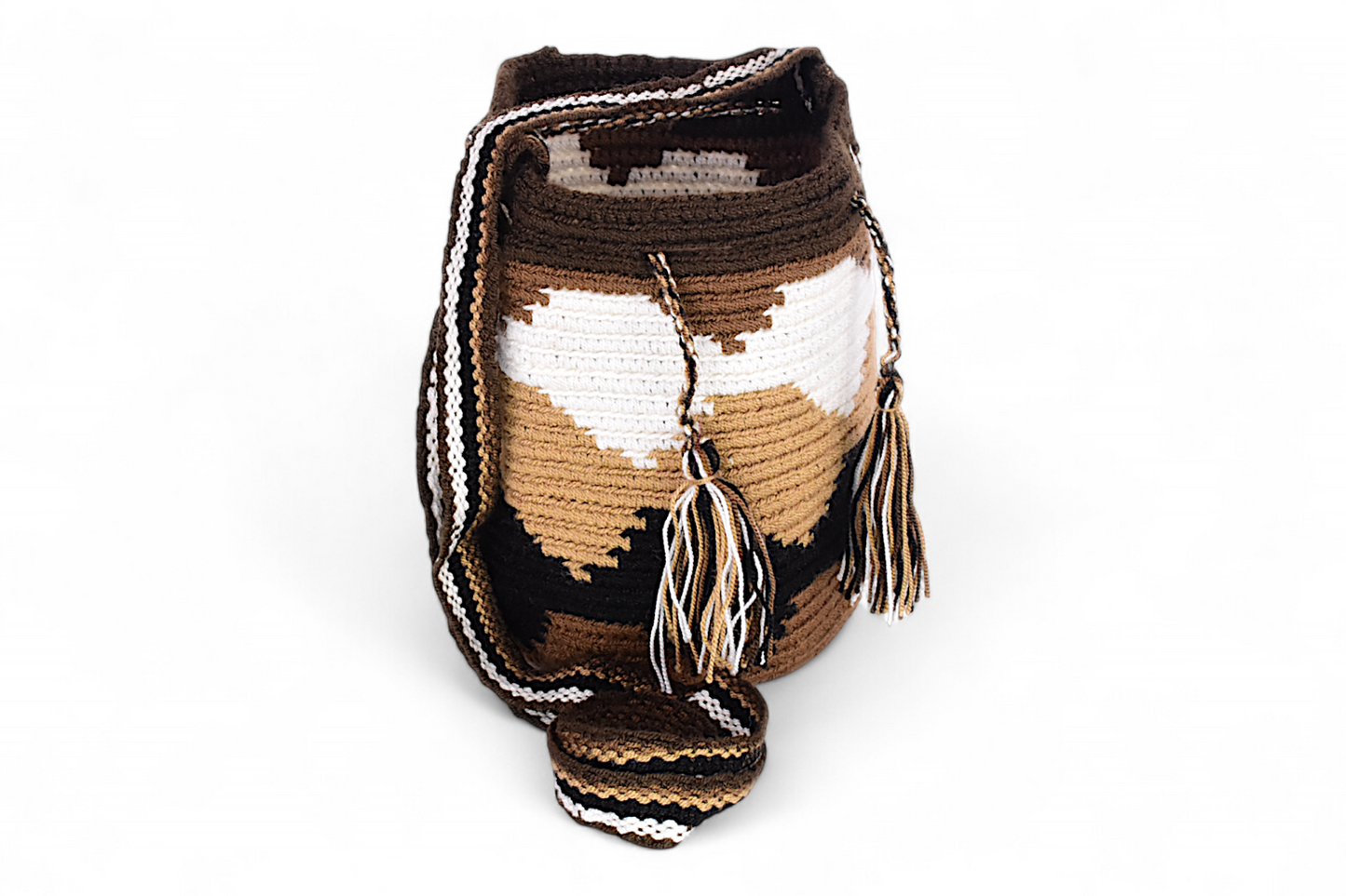 Small Boho Crochet Bucket Bag In Brown, Black & White