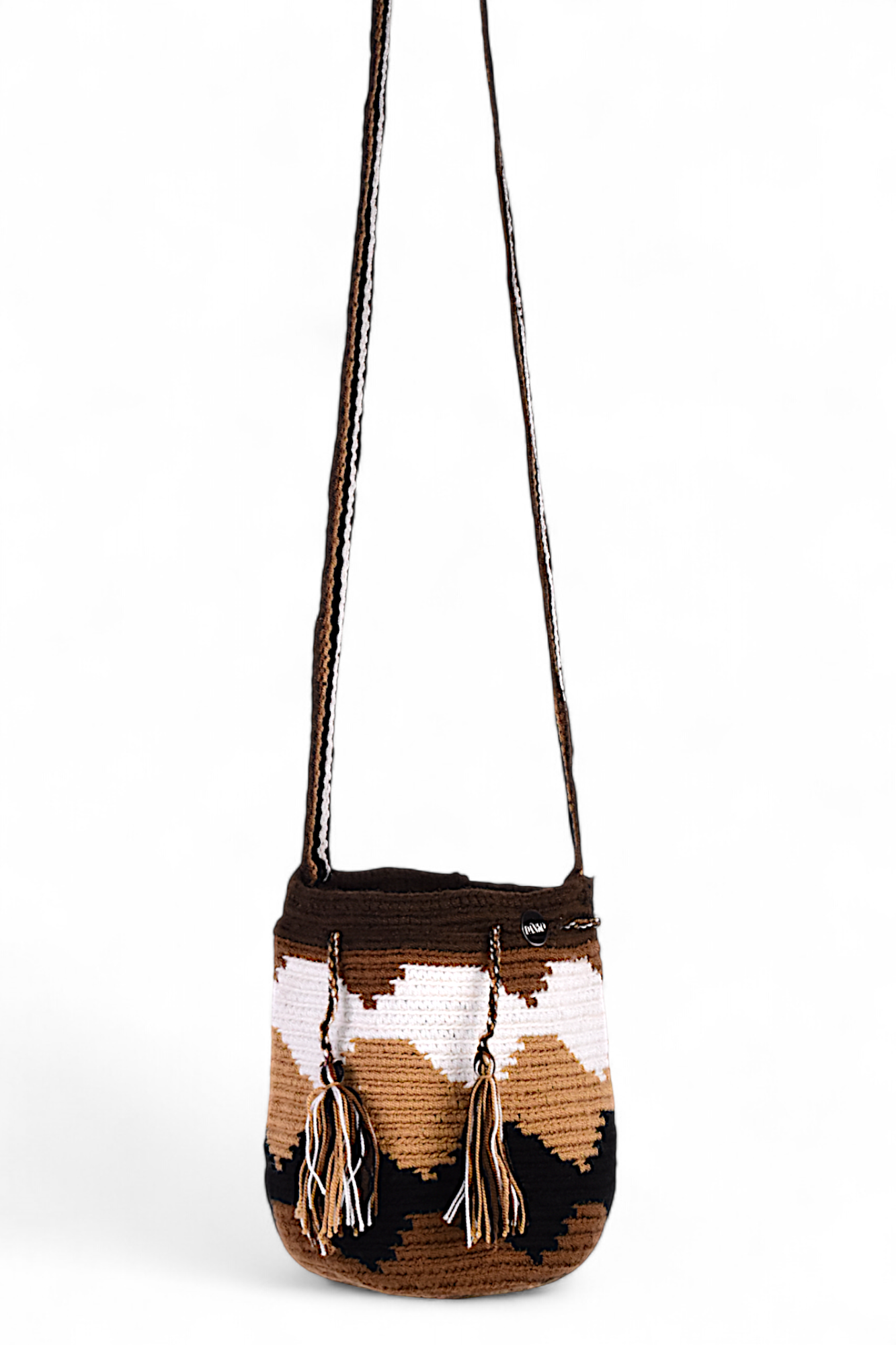 Small Boho Crochet Bucket Bag In Brown, Black & White