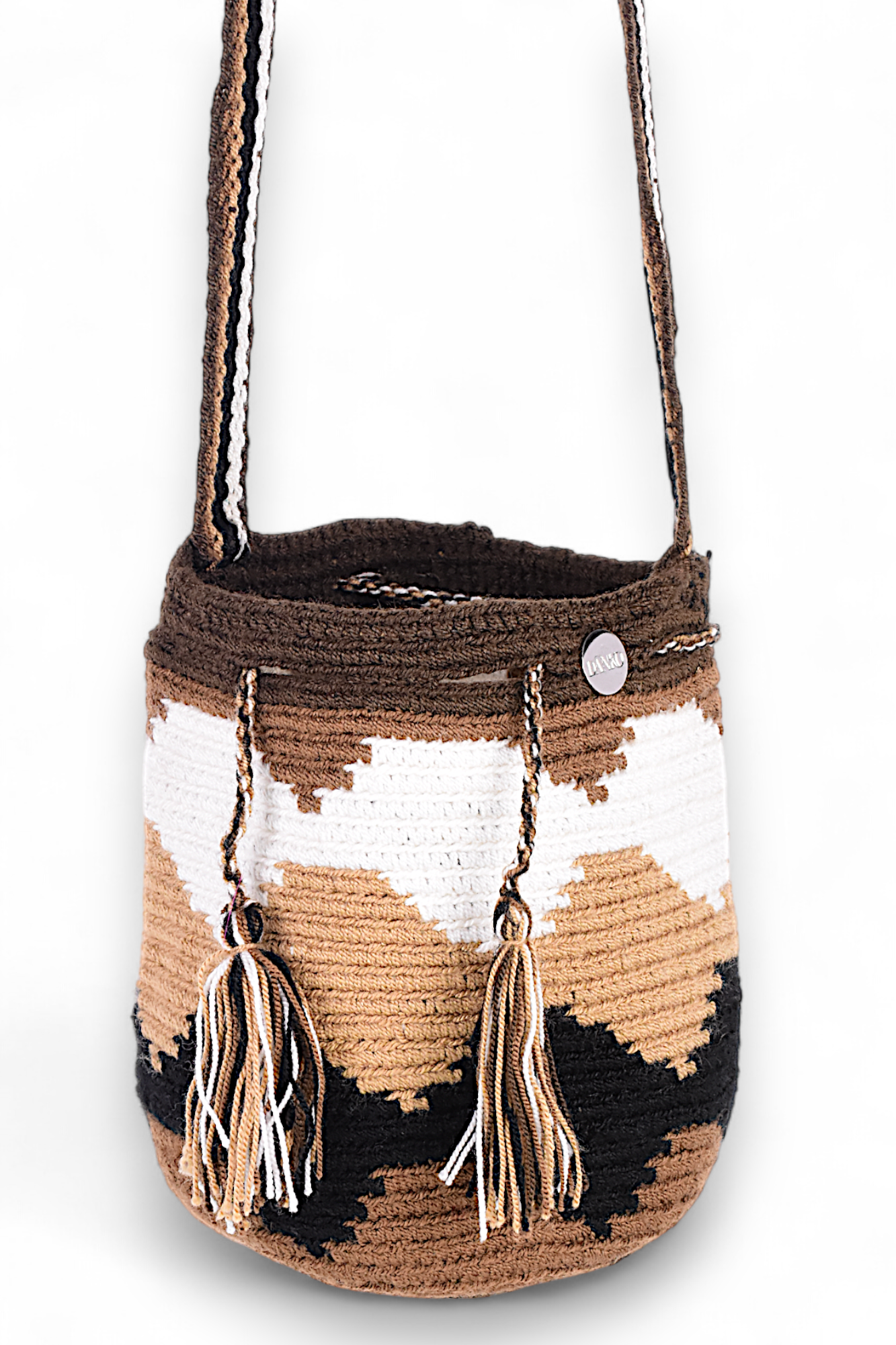 Small Boho Crochet Bucket Bag In Brown, Black & White