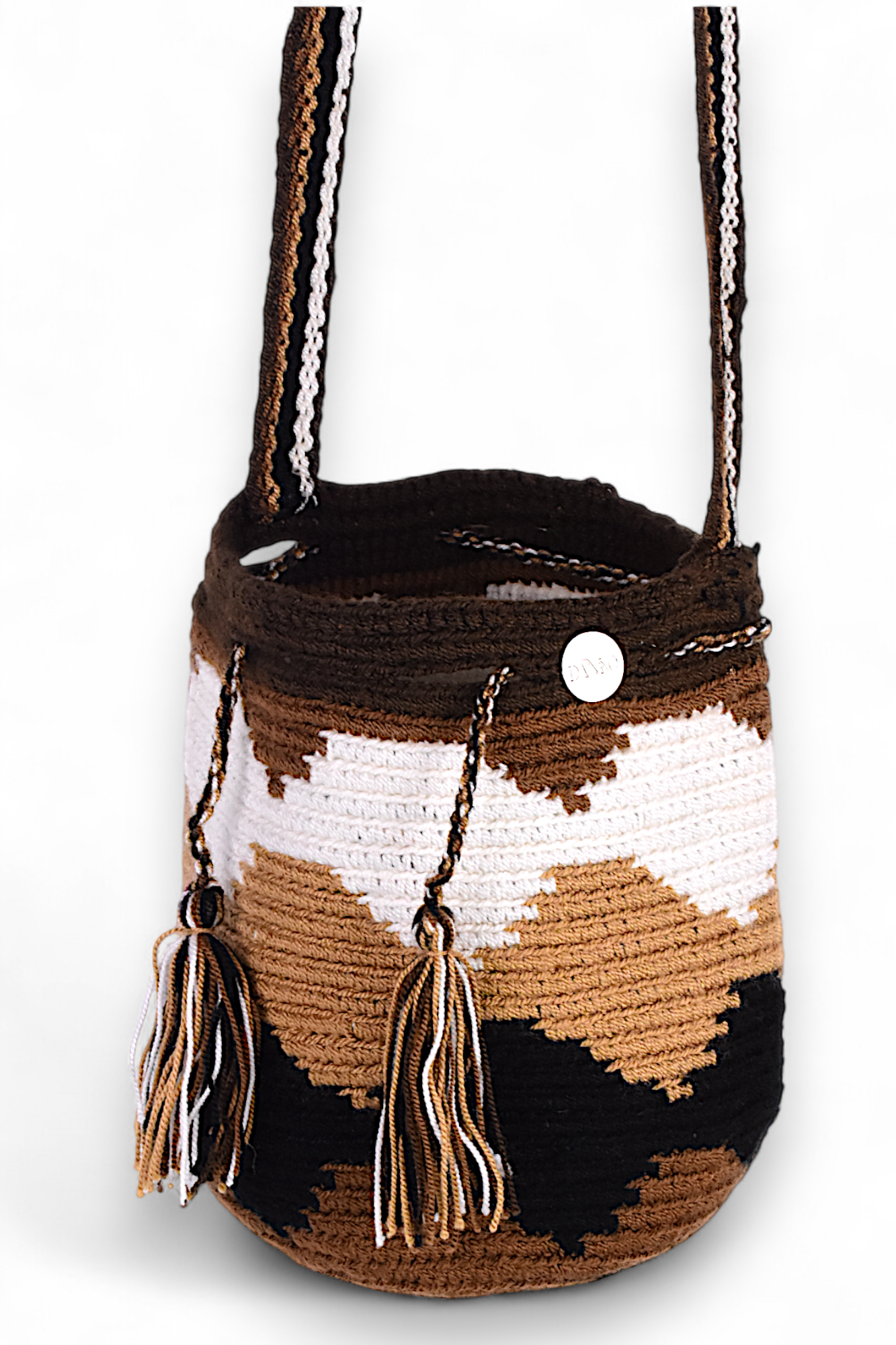 Small Boho Crochet Bucket Bag In Brown, Black & White