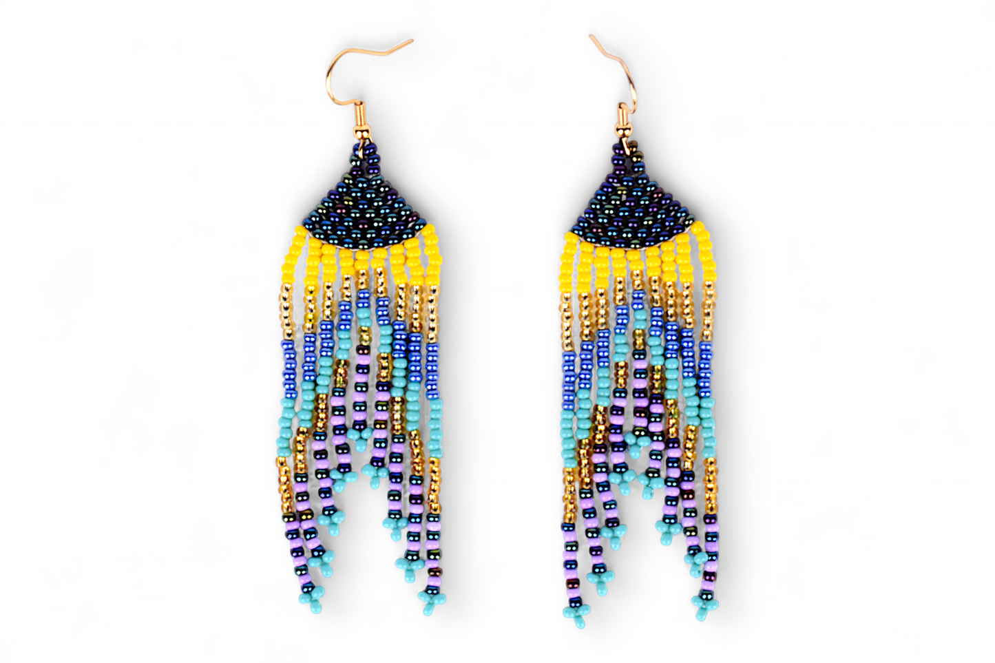Pair of beaded earrings with blue, purple, and yellow colors on a white background