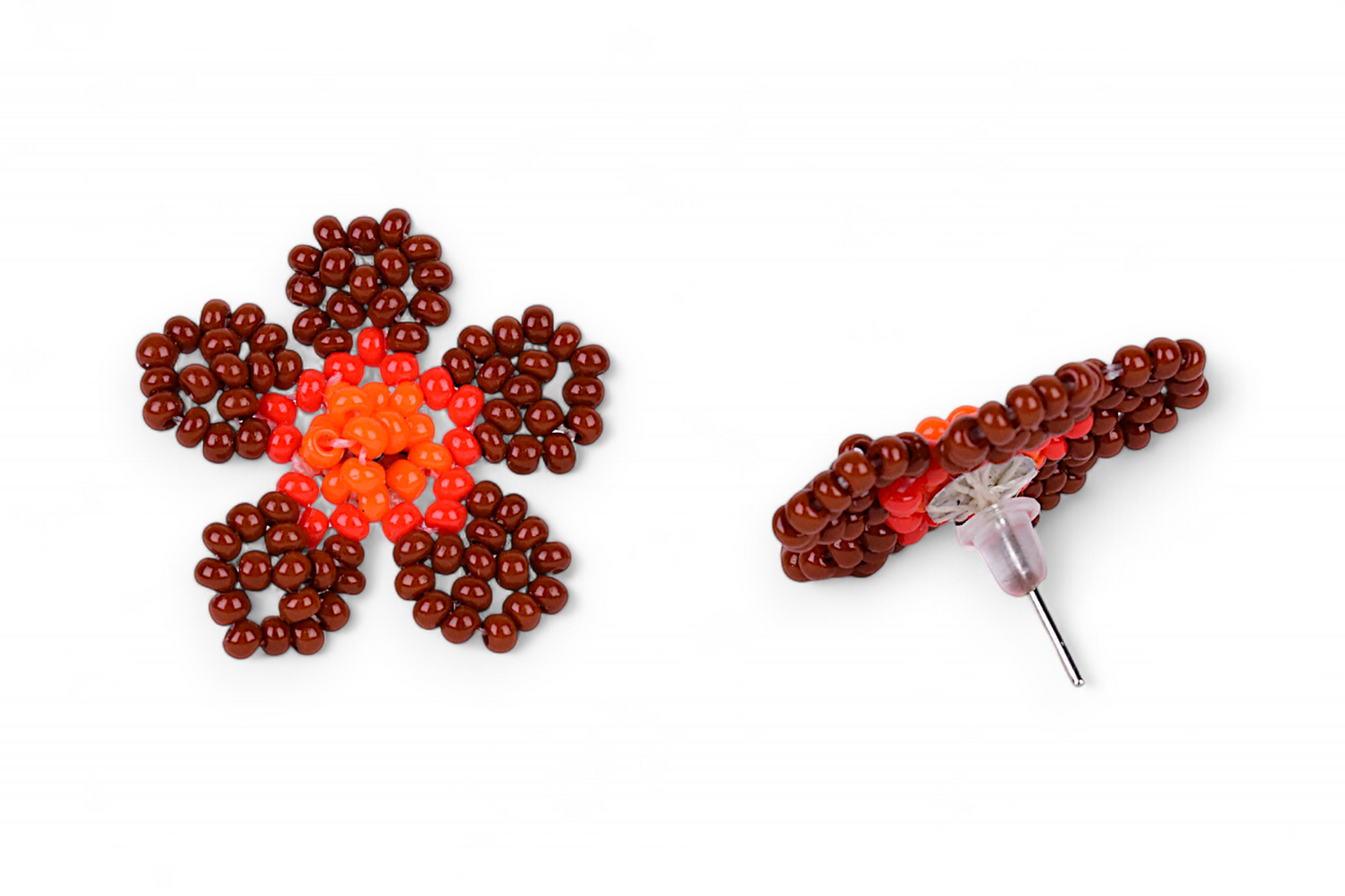 Small Flower Beaded Earrings - Brown