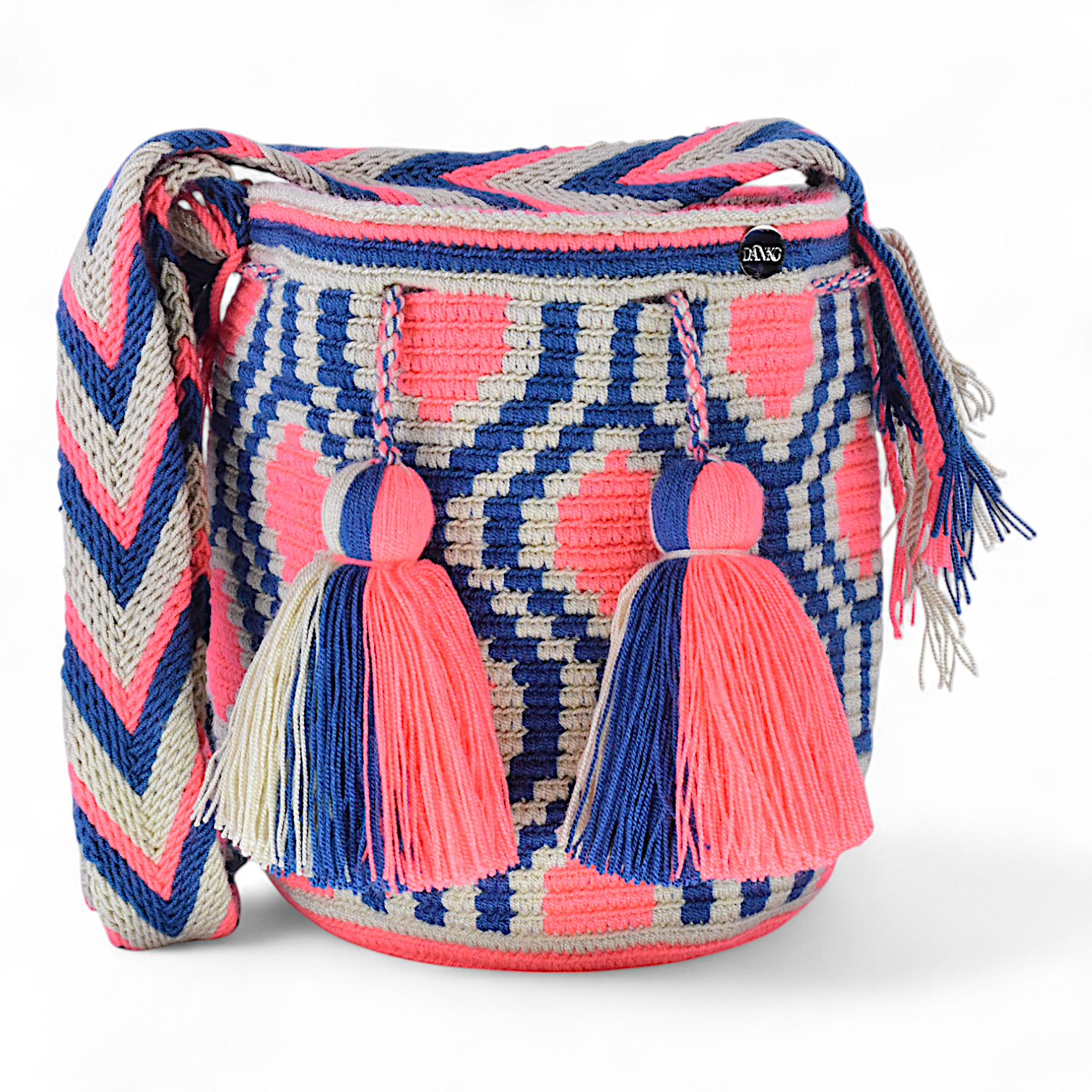 Hand Bag with Coral & Navy Geometric Design and Tassels