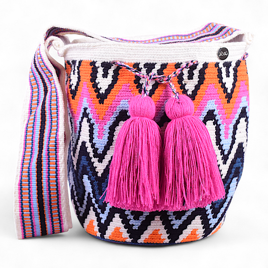 Hand Bag with Multicolour Strap & Unique Design with Fuchsia Tassels
