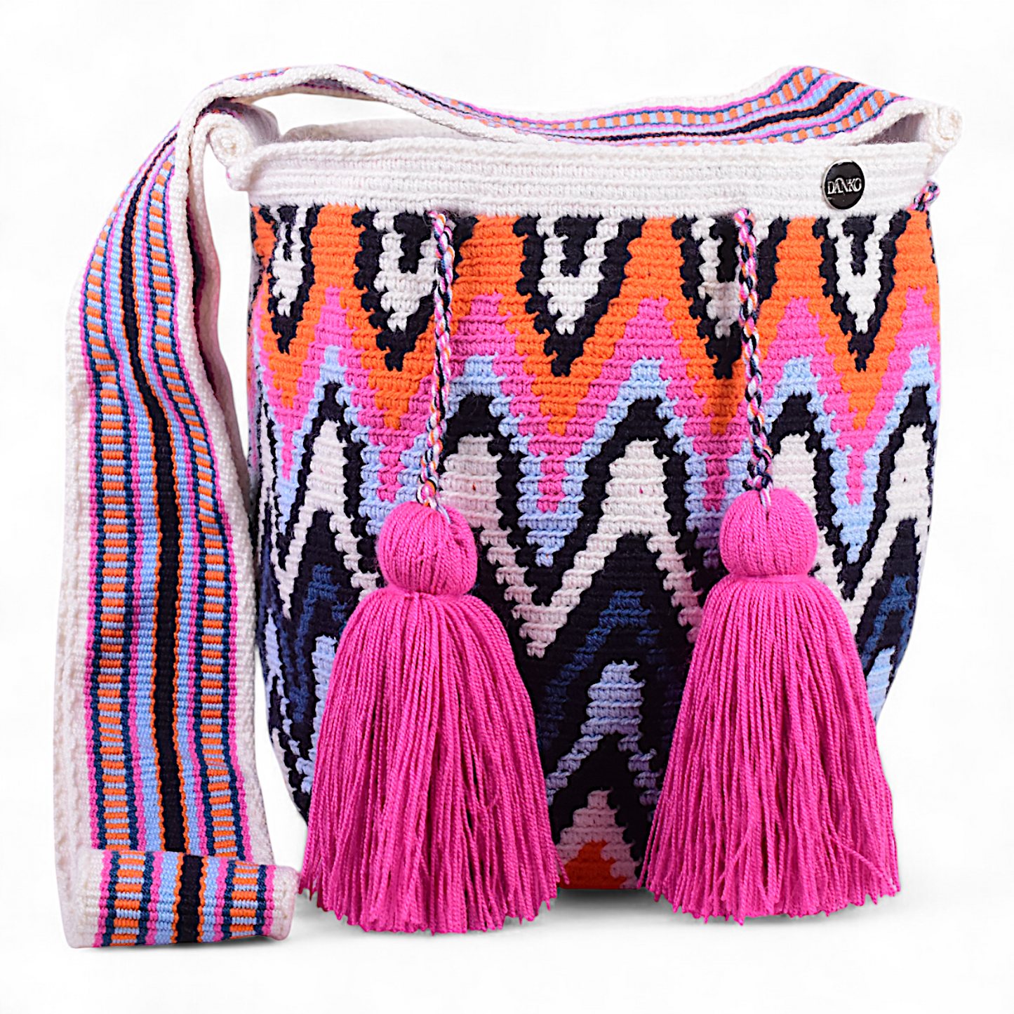 Hand Crafted Bag with Multicolour Strap & Unique Colourful Design with Pinkish Purple Tassels 20x20cm