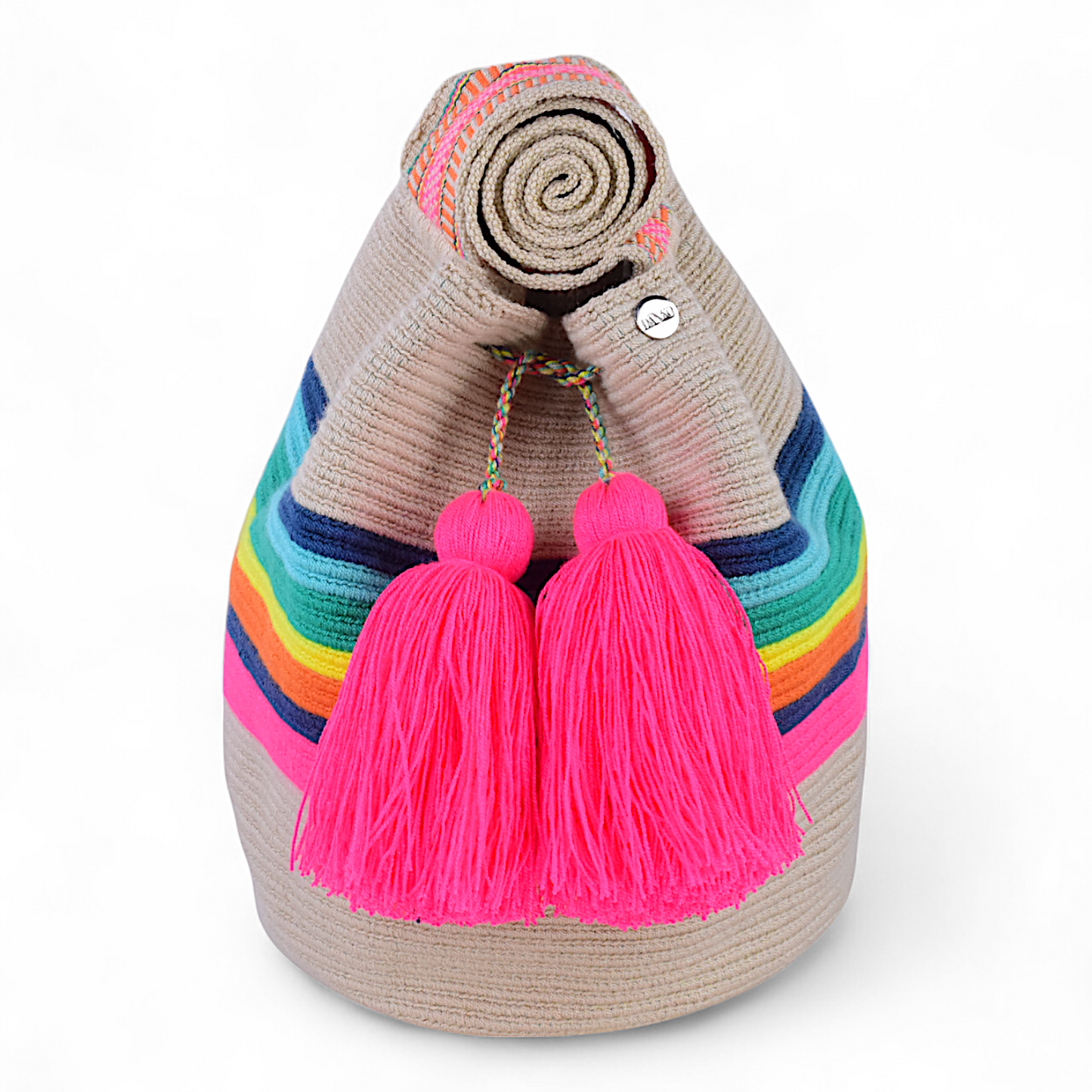 Hand Crafted Bag with Multicoloured Stripes and Pink Tassels 28x28cm