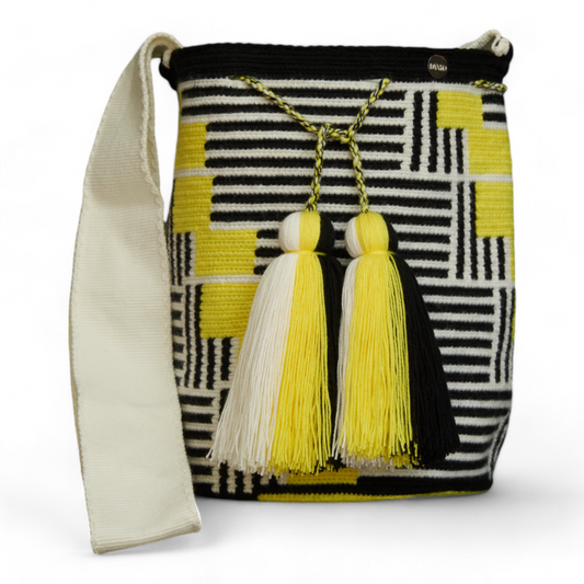 Hand Crafted Black White and Yellow Patterned Crossbody Bag