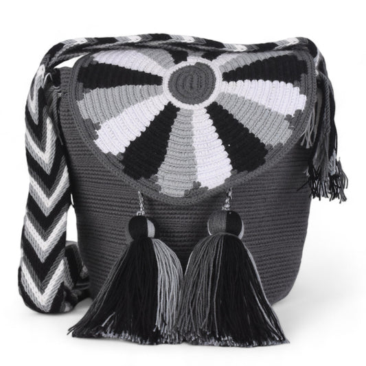 Hand Crafted Gray Hand Bag with Flap and Tassels