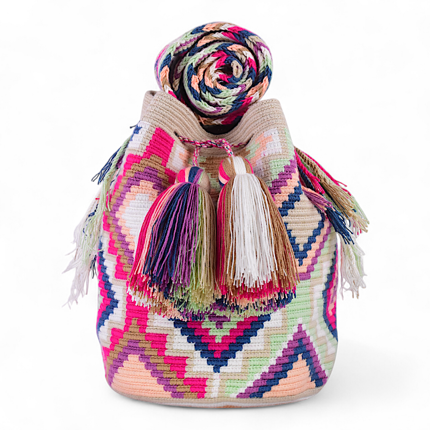 Hand Crafted Indigenous Bag with Multi Colour Diamond Design and Tassels 28x28cm