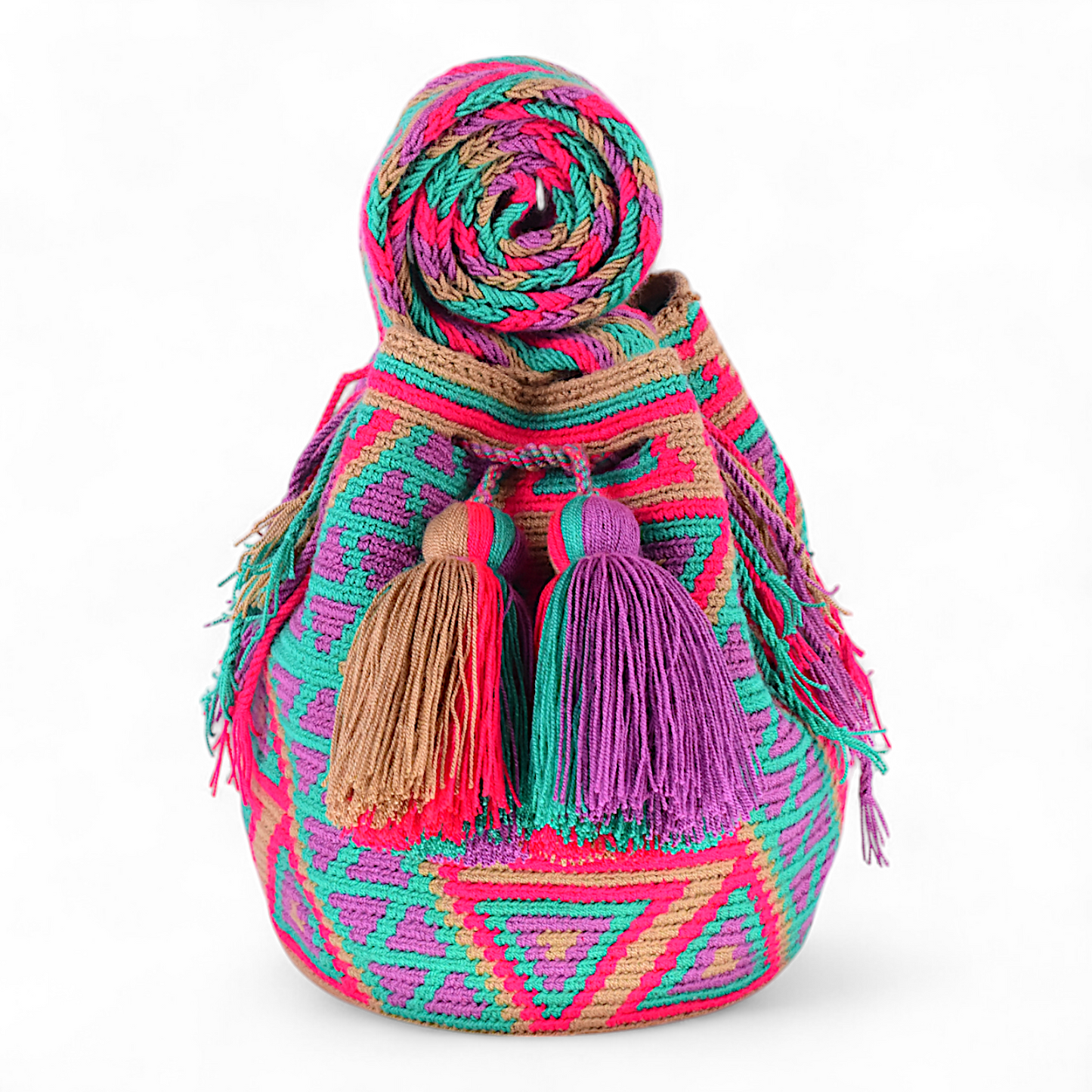 Hand Crafted Indigenous Bag with Purple, Green & Pink Pattern Design with Tassels 20x20cm