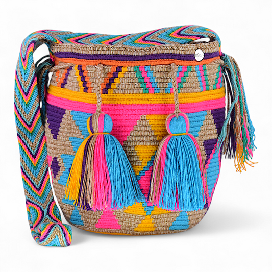 Hand Crafted Indigenous Beige Bag with Multicoloured Geometric Design with Tassels