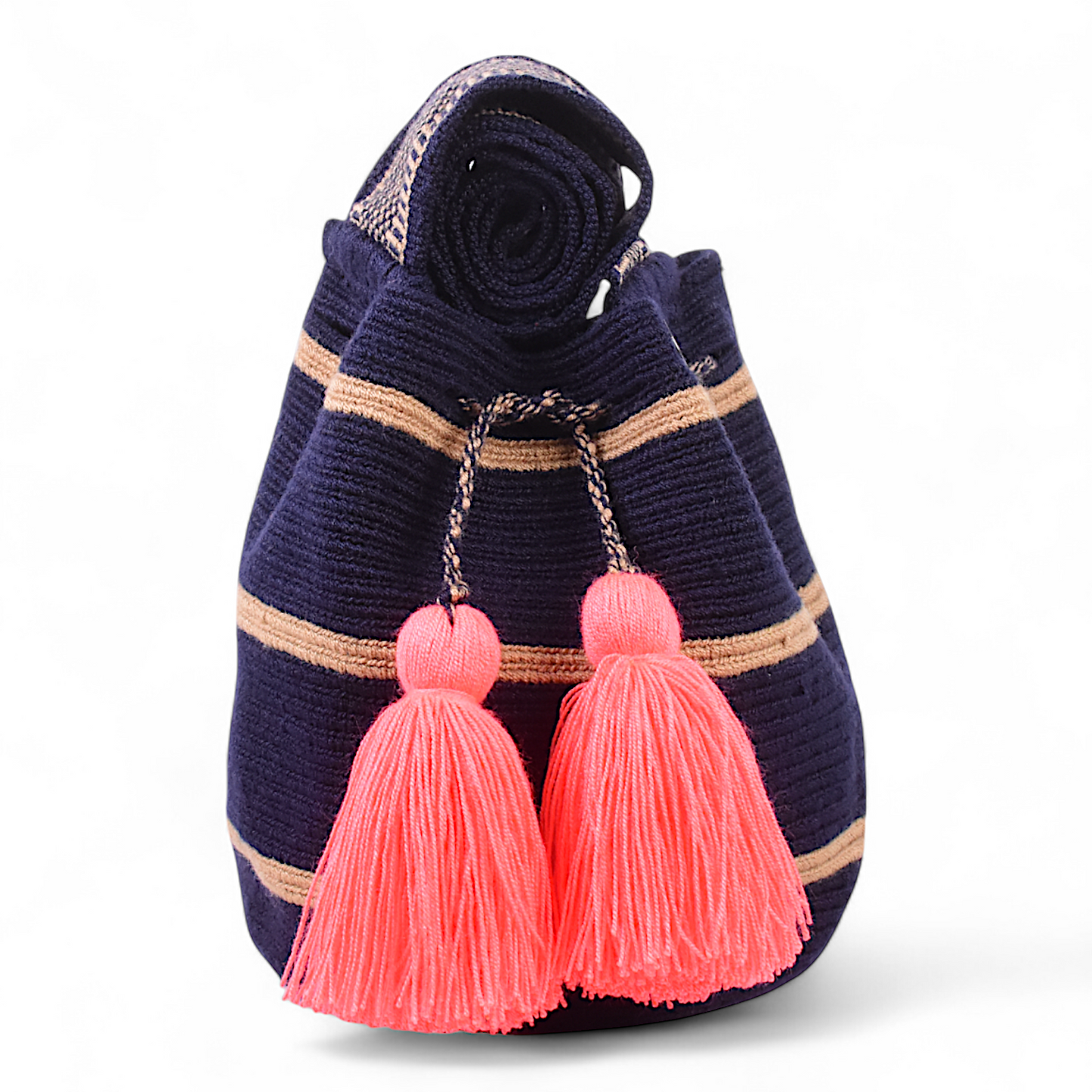 Hand Crafted Mochila Bag with Beige Horizontal Stripe Design and Pink Tassel 20x20 Centimeters