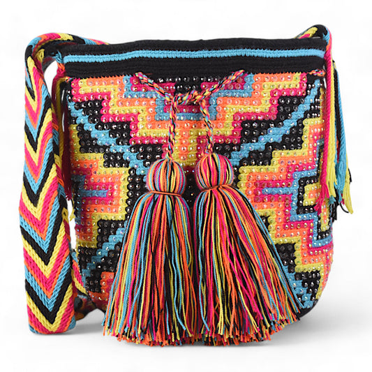 Hand Crafted Multicoloured Cross Pattern Crochet bag with Gems