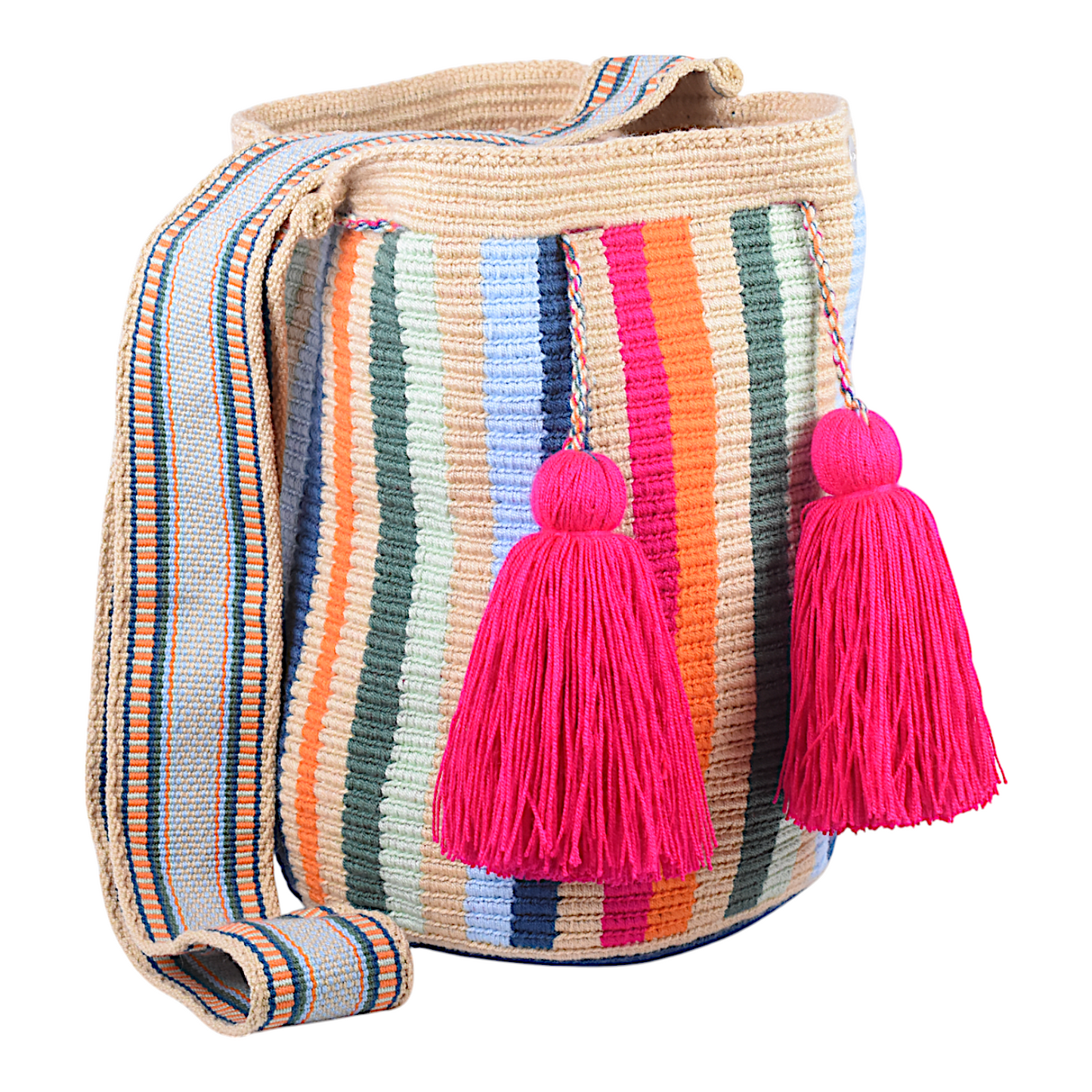 Hand Crafted Shoulder Bag with Multicolour Vertical Stripe Design and Fuchsia Tassels 28x28cm