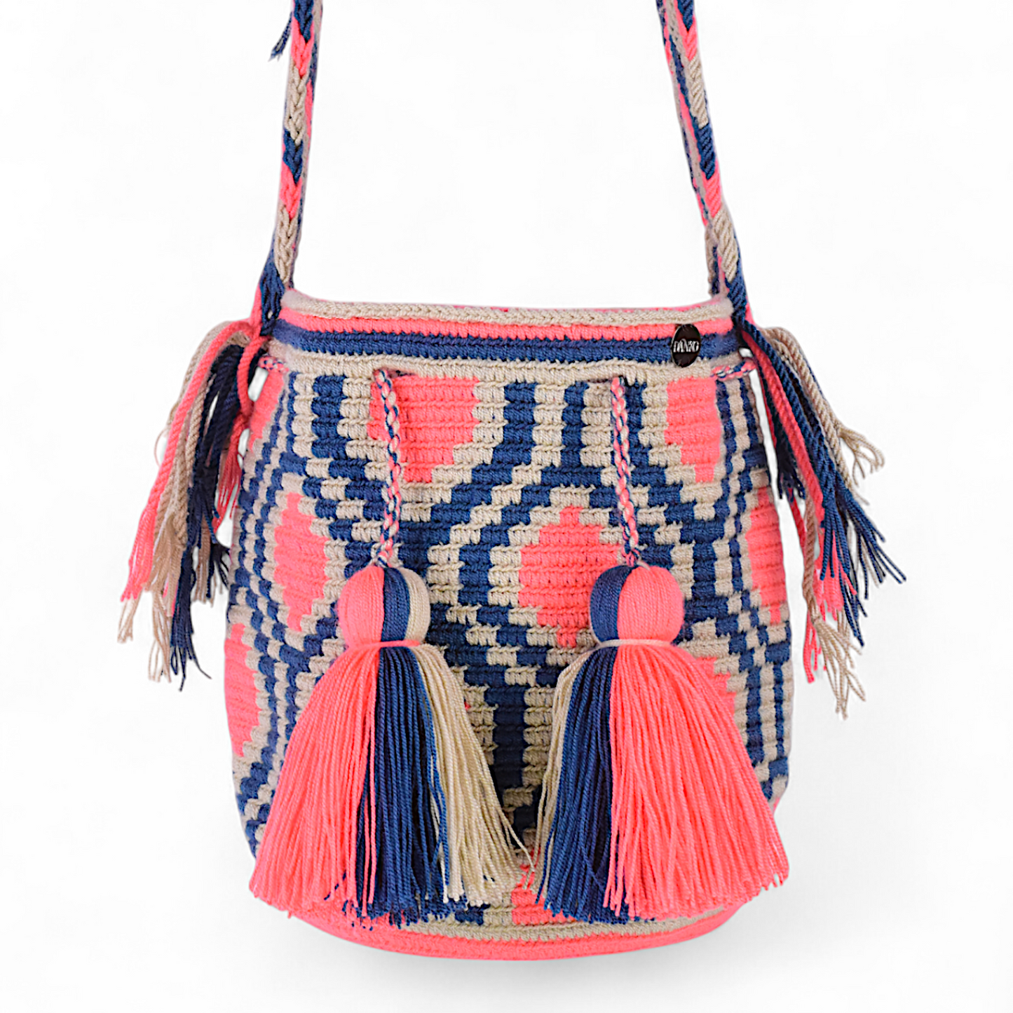 Hand Crafted Wayuu Bag with Coral & Navy Geometric Design and Multicolour Strap 20x20cm