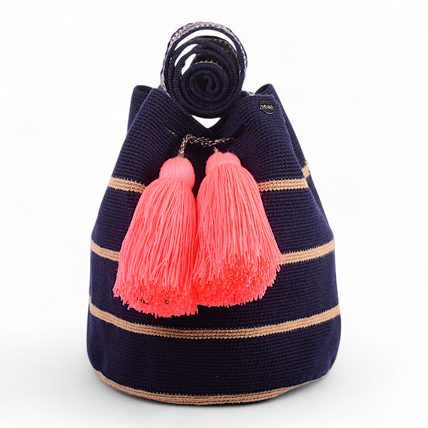 Hand Crafted Wayuu Blue Bag with Beige Stripe Design and Pink Tassels 28x28 Centimeters