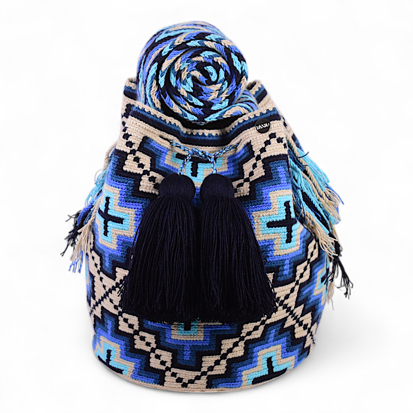 Hand Crafted Wayuu Crossbody Bag with Blue Cross Design and Navy Blue Tassels 28x28cm