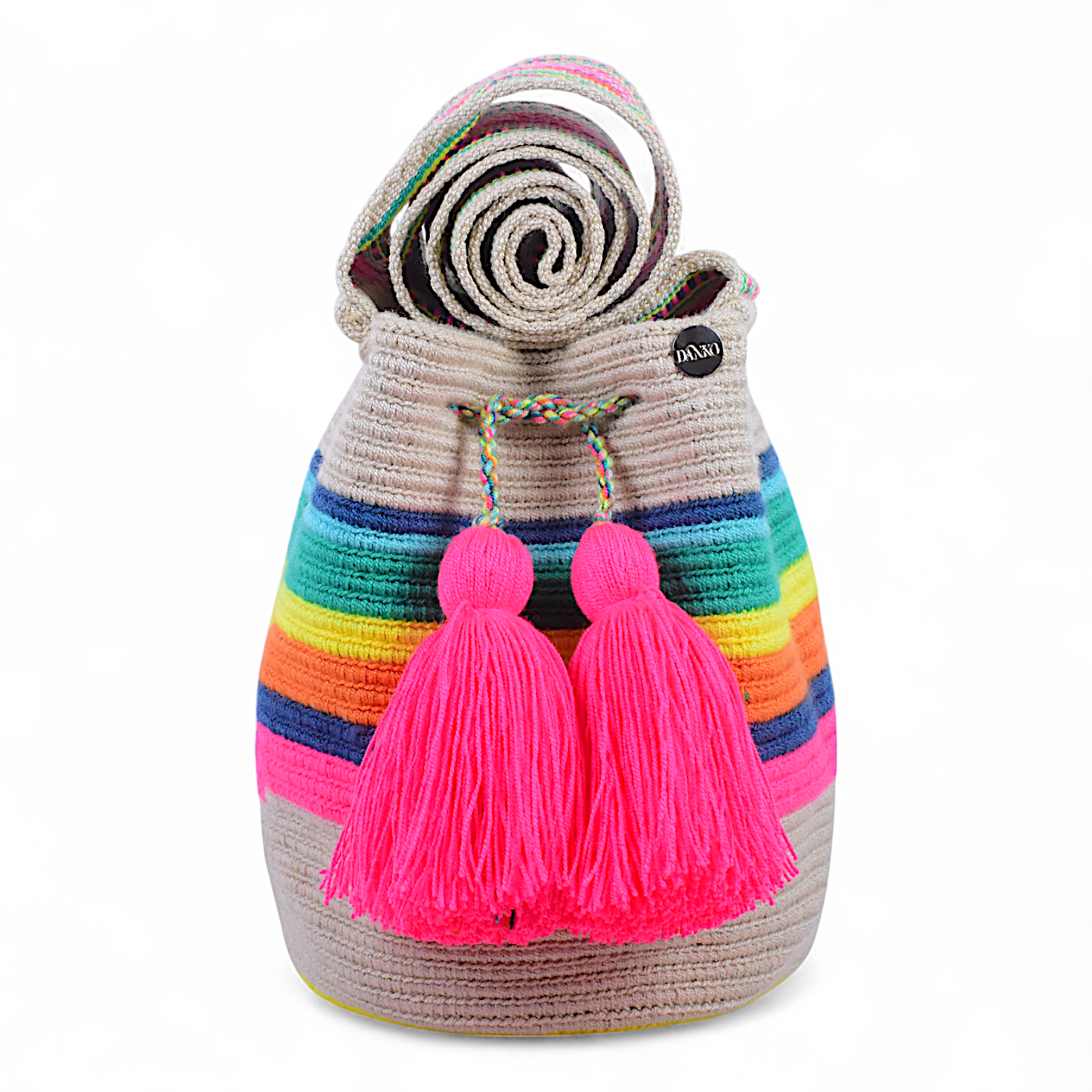 Hand Crafted Wayuu Mochila Bag with Multicoloured Stripes and Pinkish purple Tassels 20x20cm