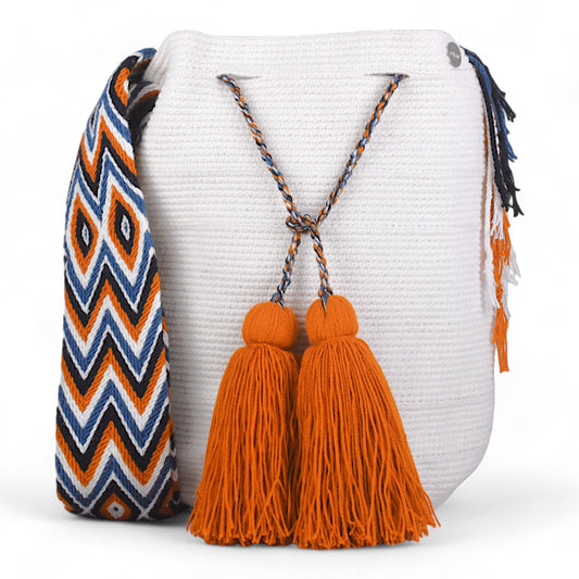 Hand Crafted White Shoulder Bag with Patterned Strap