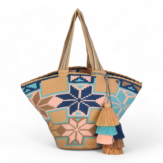 Hand Made Beach Bag with a Blue and Pink Star-Shaped Flower Design