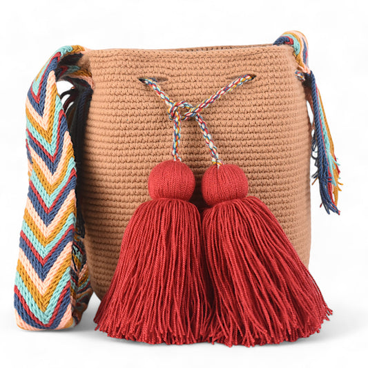 Hand Made Beige Danko Crochet Bag with Red Tassels and Multicoloured Strap