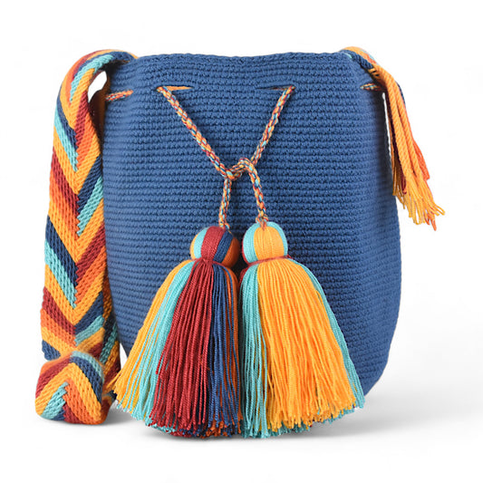 Hand Made Blue Crochet Bag with Multi-coloured Handle