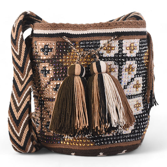 Hand Made Brown Patterned Handbag with Gems and Tassels